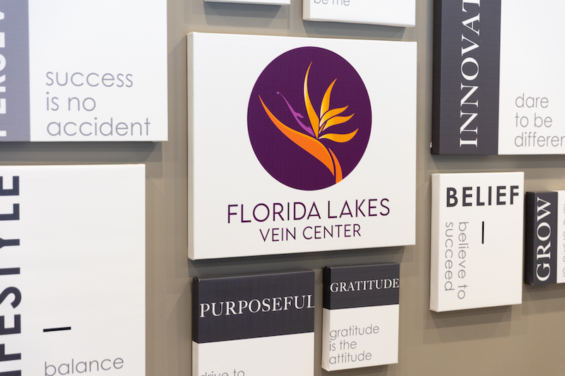 Florida Lakes Vein Center logo on a wall in the offices where patients go for lymphedema treatment in Sarasota